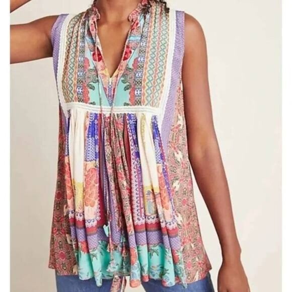 Anthropologie Bhanuni by Jyoti Crepe Notched Printed Tunic Top Small - Picture 1 of 8
